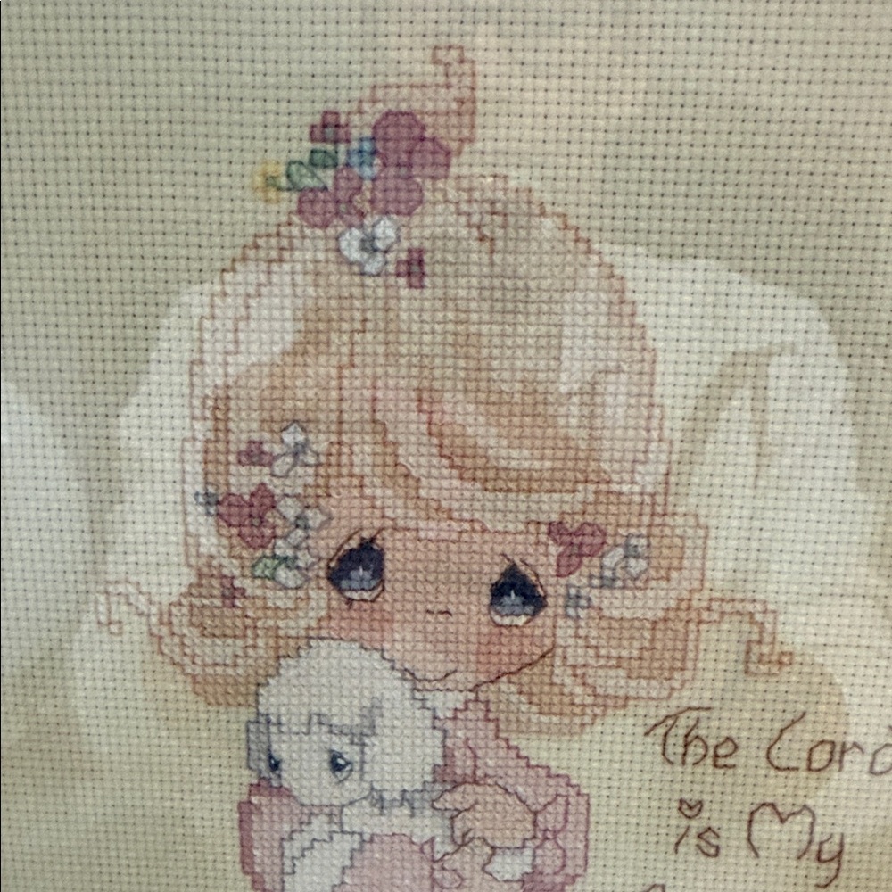 Framed Precious Moments Cross-Stitch Needlepoint Art with Girl and Lamb